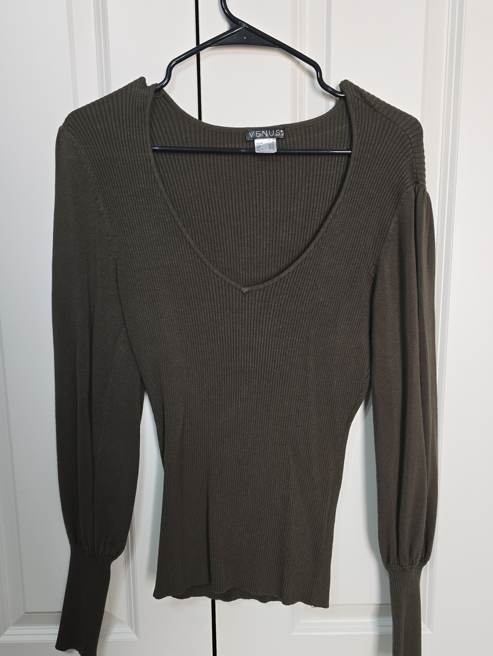 VENUS Olive Ribbed V-Neck Long Sleeve Dress